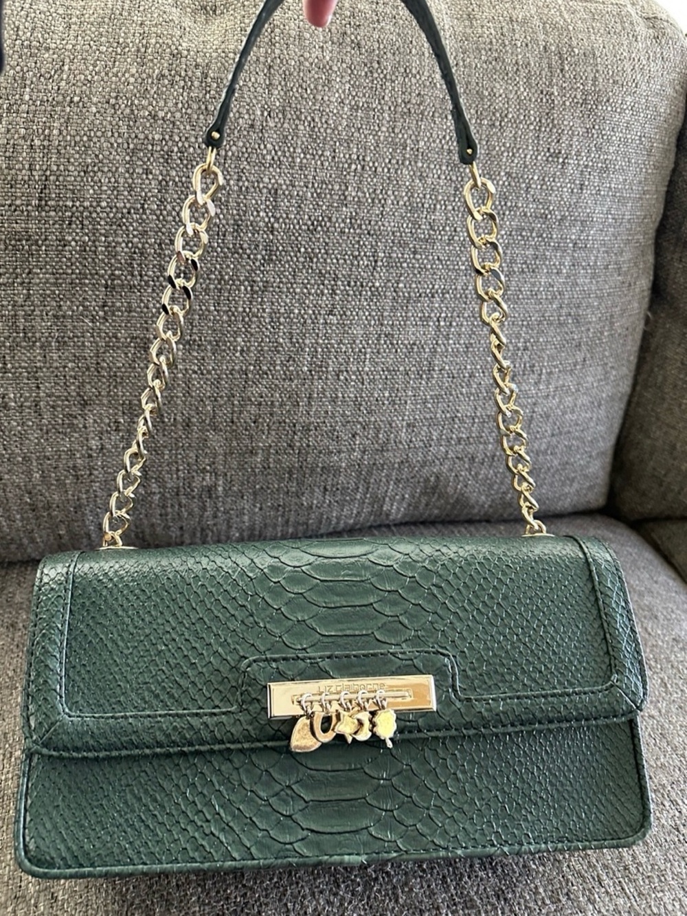 Liz Claiborne Hunter Green Faux Snakeskin Chain Shoulder Flap Bag Y2K Charms